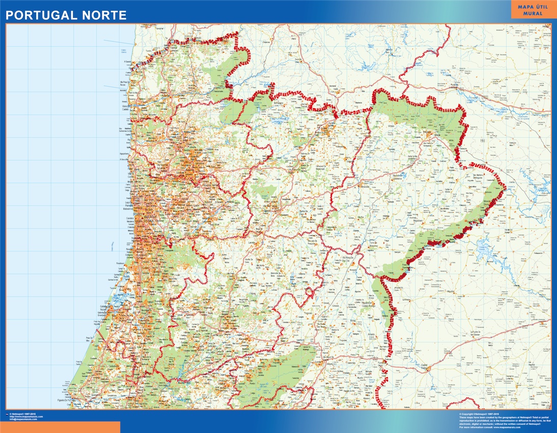 Mapa de la zona norte de Portugal, con sus correspondientes